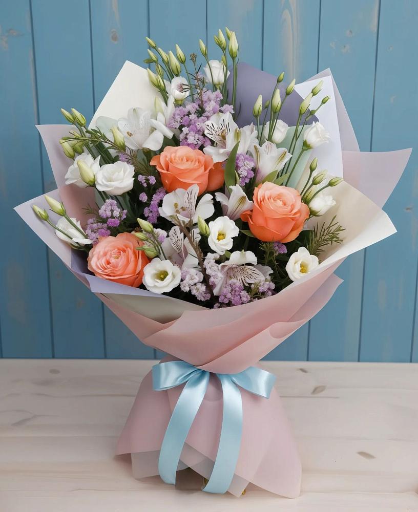 Букет Утренняя свежесть в Ульяновске Букет цветов из: Лизиантусы, Розы, Альстромерии и Гипсофила в Ульяновске