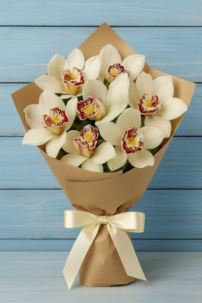 Букет 7 белых орхидей в Ульяновске Букет цветов из: Орхидеи и Розы в Ульяновске